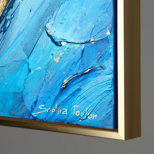 Nahaufnahme Acrylbild – gold-blaue abstrakte Malerei