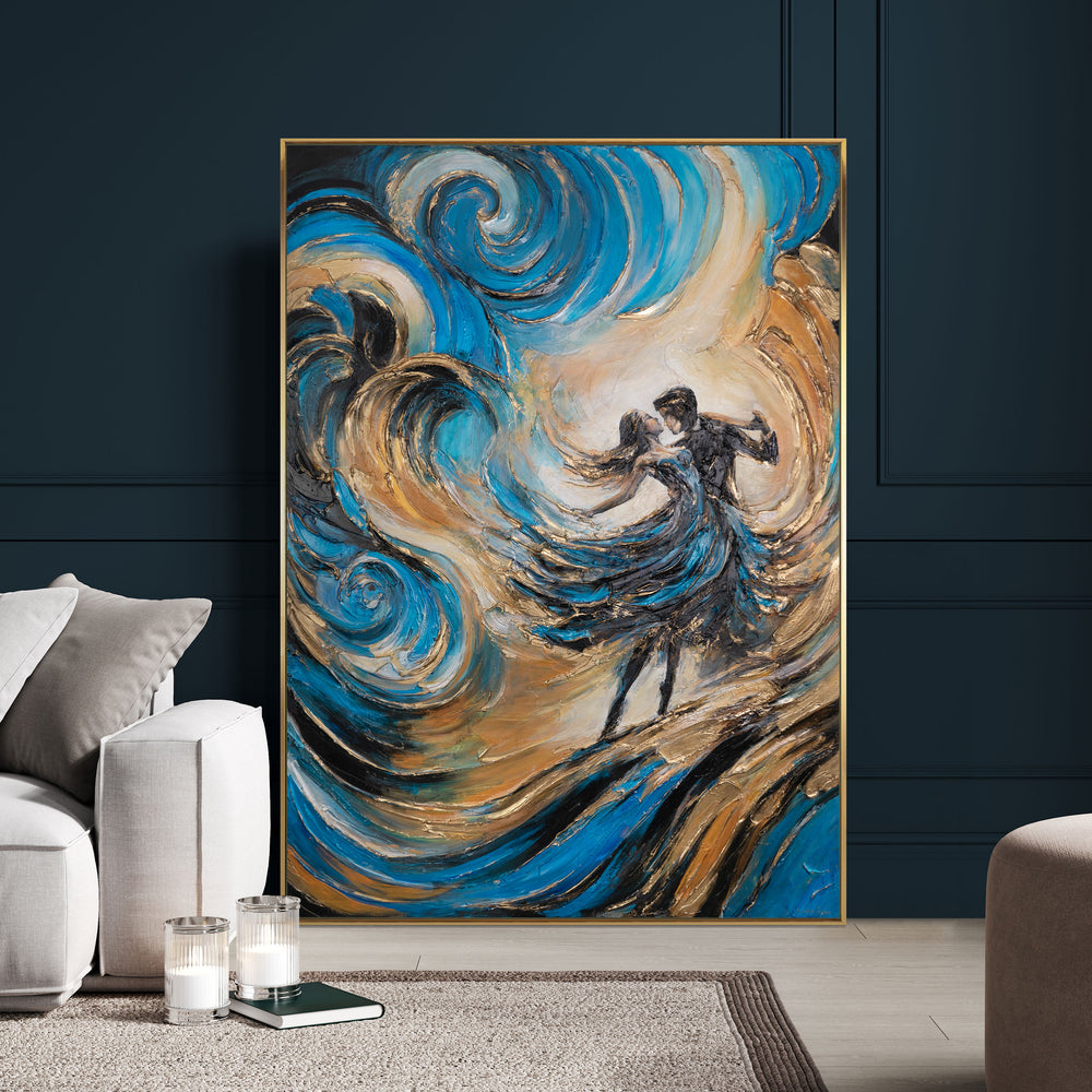 Wohnzimmer mit Kunst – Acryl Leinwand Tanzpaar Blau Gold