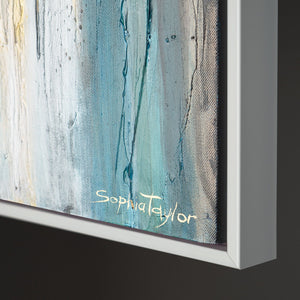 Seitliche Ansicht – modernes Gemälde auf Leinwand in weißem Rahmen