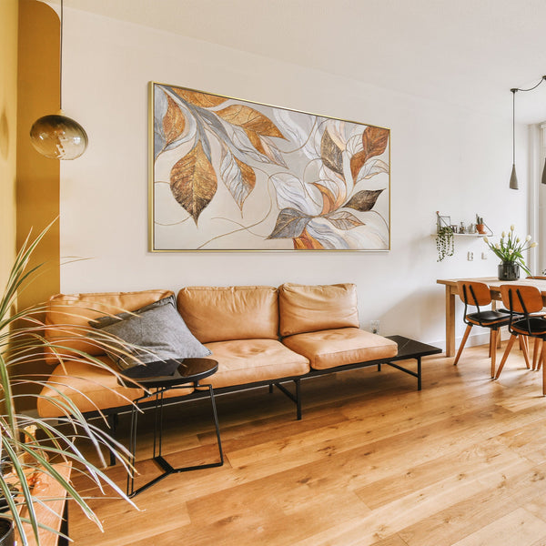 Abstraktes acrylbild wohnzimmer – goldene blätter wandkunst deko