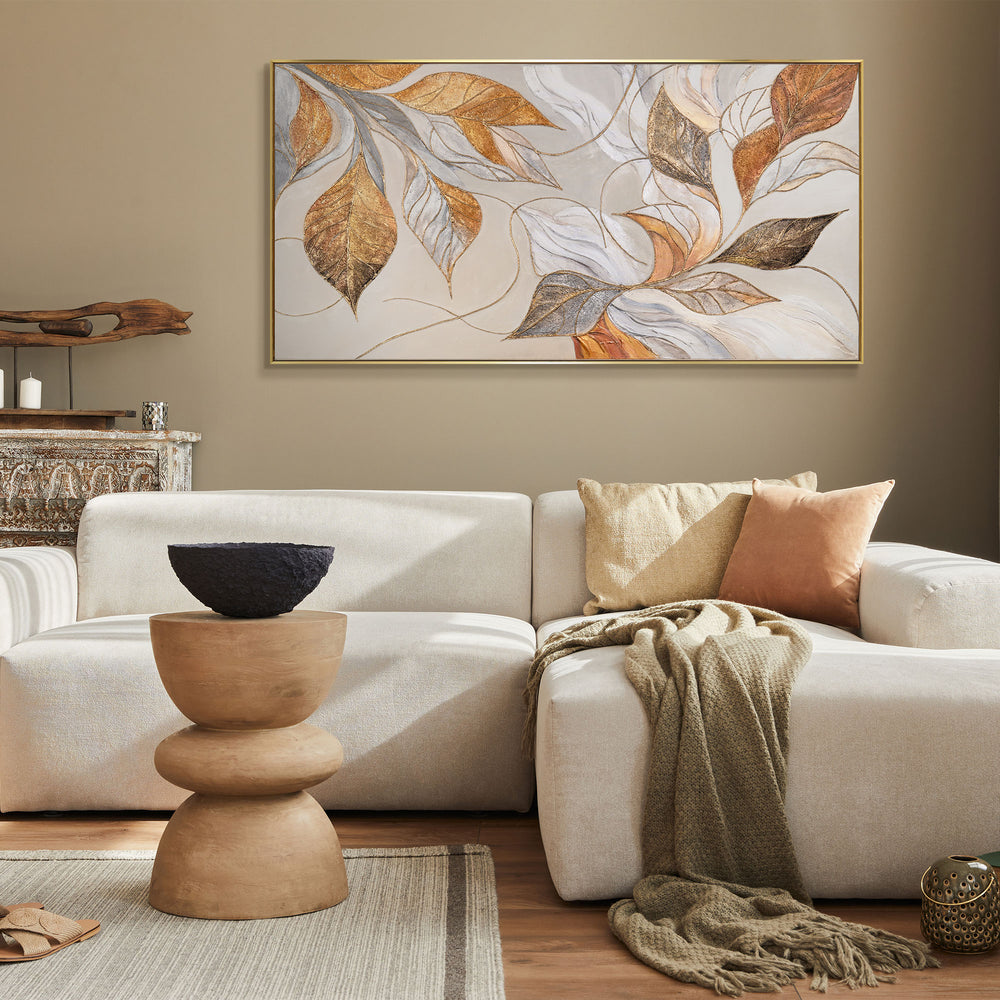 Wohnzimmer mit wandbild – moderne abstrakte blätter auf leinwand