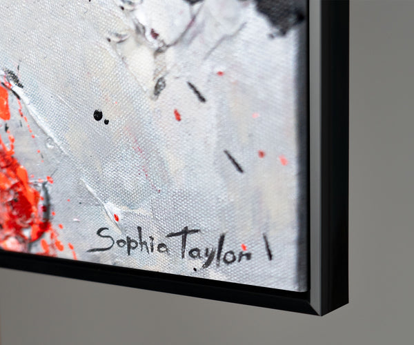 Dynamische Farbspritzer in Rot und Orange Schwarz Rahmen