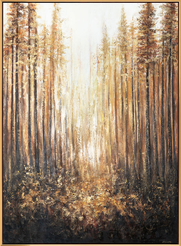 Handgemaltes Acrylbild mit Rahmen „Goldener Wald“ – Wanddekoration für Wohnräume
