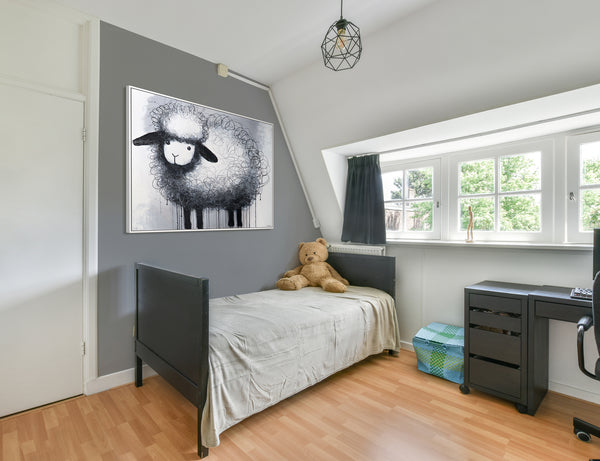 Acrylbild mit Rahmen „Fröhliches Schaf“ – Dekoration für Kinderzimmer und Wohnraum