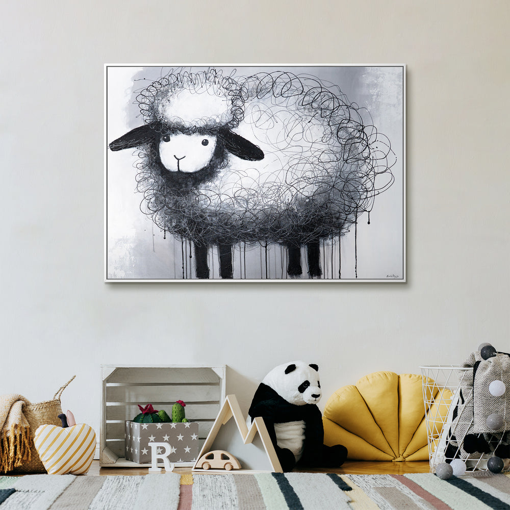 Acrylbild „Fröhliches Schaf“ – liebevolle Wandkunst für Kinderzimmer und kreative Räume. Original vom Künstler.