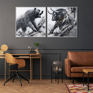 Díptico pintado a mano de un toro y un oso con marco - decoración de pared para oficina