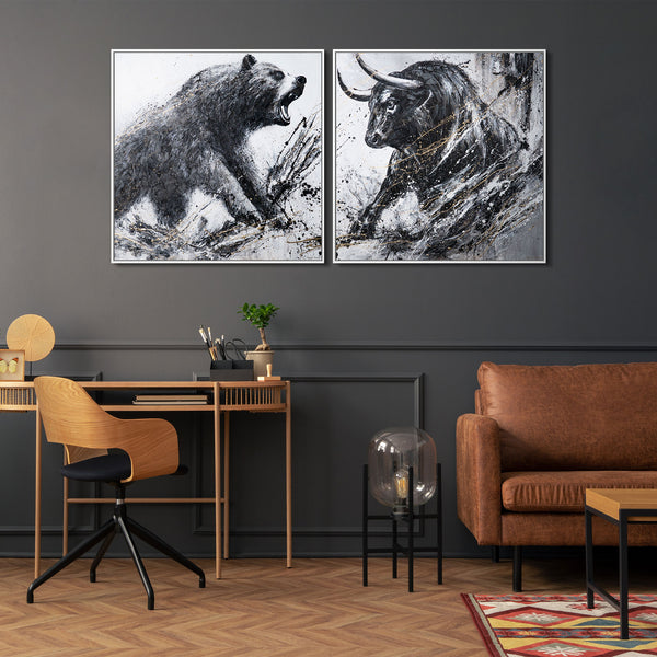 Díptico pintado a mano de un toro y un oso con marco - decoración de pared para oficina