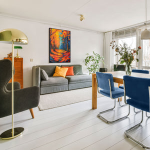 Mural en lienzo enmarcado "Senderos luminosos en el bosque otoñal" – pintado a mano con textura