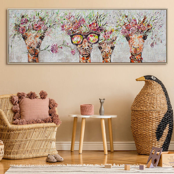 Cuadros acrílicos de animales – Obras de arte modernas sobre lienzo con jirafas pintadas a mano y coronas de flores
