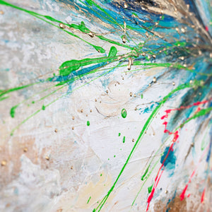 Moderne Acrylmalerei mit Feder – Wanddeko handgemalt "Leuchtendes Gefieder" 115x50cm