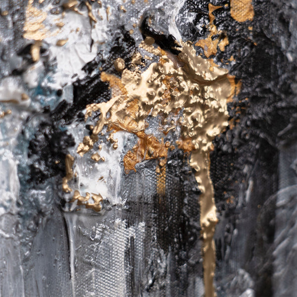 Nahaufnahme Acrylstruktur in Schwarz und Gold auf Leinwand