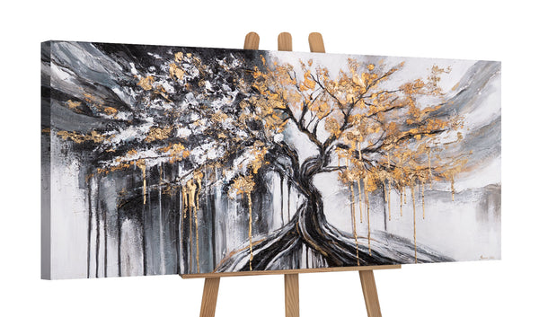 Acrylbild mit Baum und Goldstruktur auf Staffelei – Wanddeko