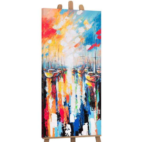 Acrylbild auf Staffelei – vertikales Gemälde mit Booten
