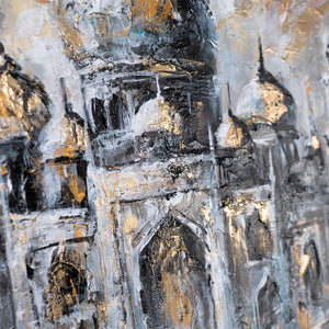 Detail Acrylbild mit schimmernden Goldakzenten auf Leinwand