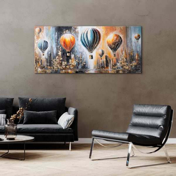 Wanddeko Wohnzimmer: Leinwandbild mit Heißluftballons über Sofa