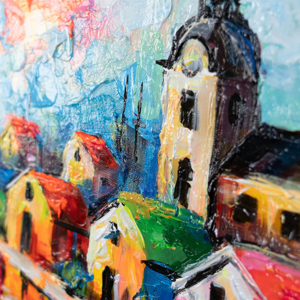 Detail Leinwandbild mit Kirche und bunten Häusern in Acryl