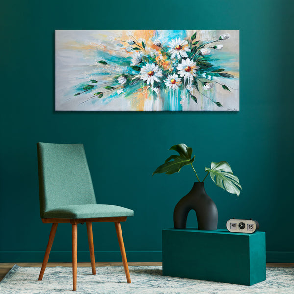 wanddeko wohnzimmer blumen, florale acrylkunst interieur