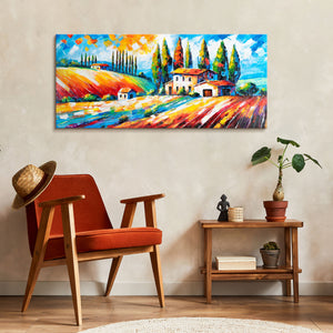 landschaftsbild wohnraum, farbenfrohe wandkunst interieur