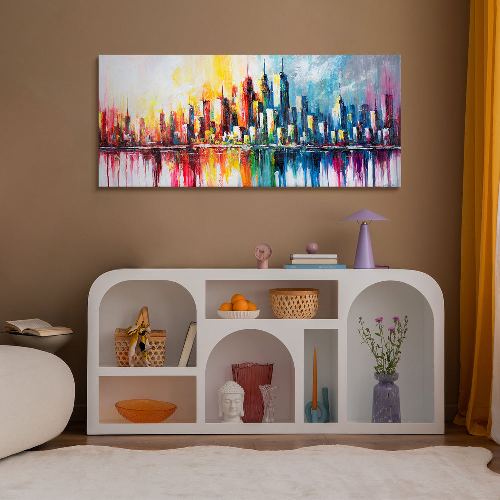 Wohnzimmer Wanddeko mit Stadtbild auf Leinwand Acryl abstrakt
