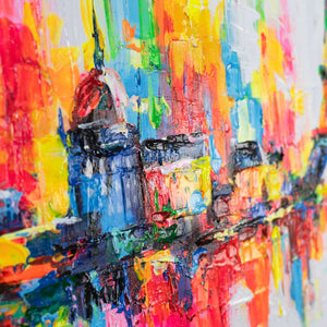 Nahaufnahme Acrylbild Eiffelturm in farbiger Leinwandstruktur