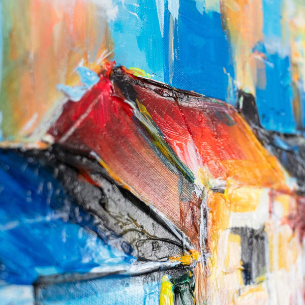 Leinwandbild zeigt abstrakte Hausfassade mit rotem Dach in Acrylfarben