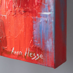 Seitenansicht acrylgemälde mit signatur auf roter leinwand