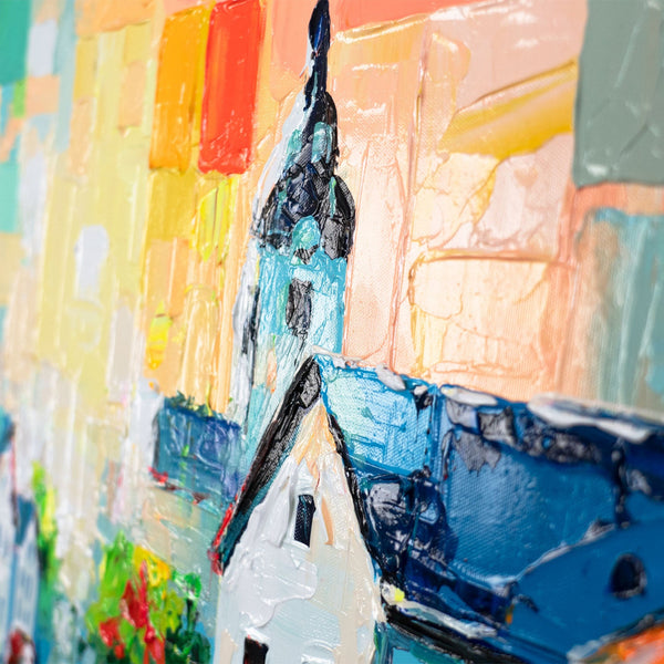 Detailaufnahme Acrylbild mit Kirchturm und Leinwandstruktur.