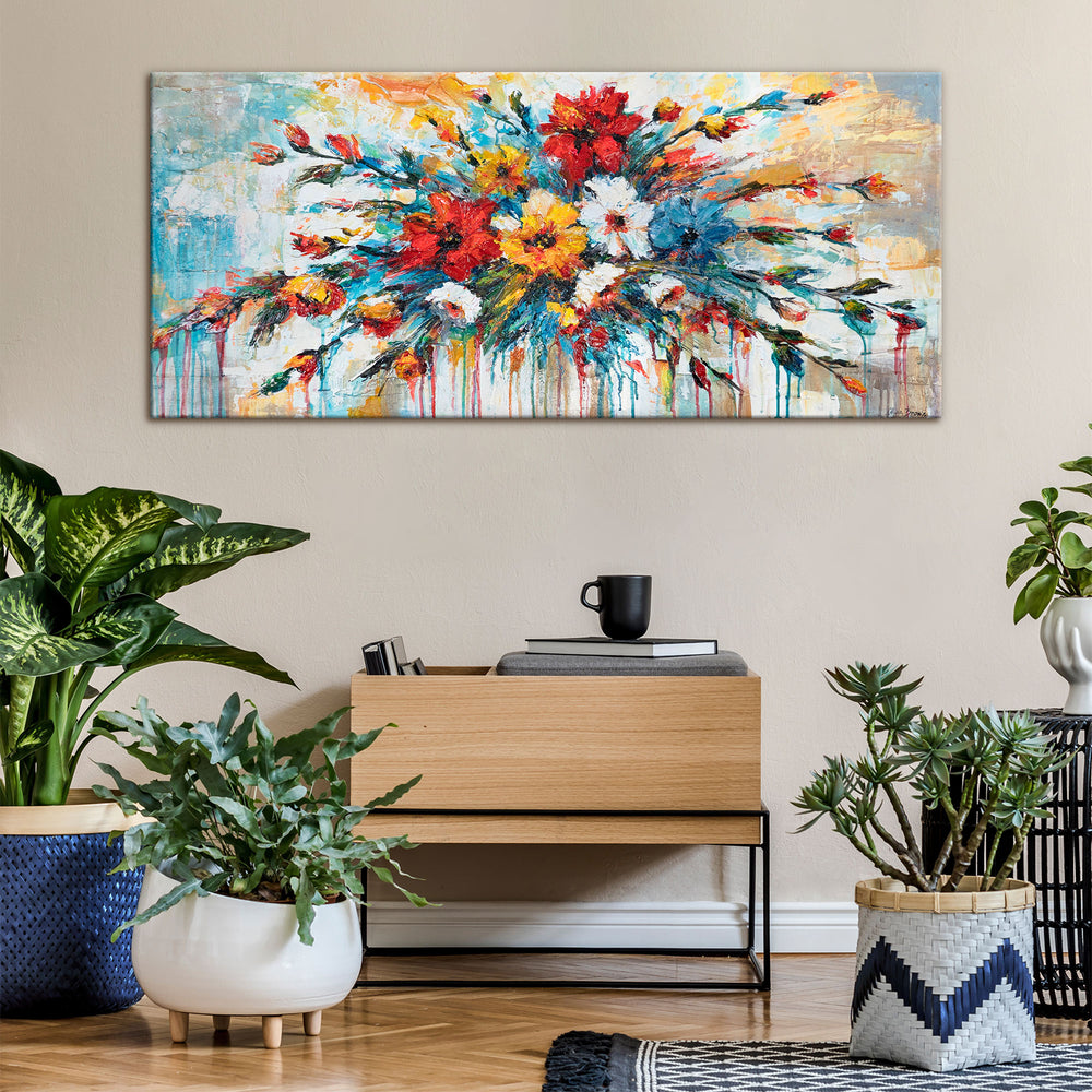 wanddeko wohnzimmer blumen, bunte acrylkunst interieur