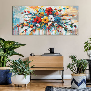 wanddeko wohnzimmer blumen, bunte acrylkunst interieur