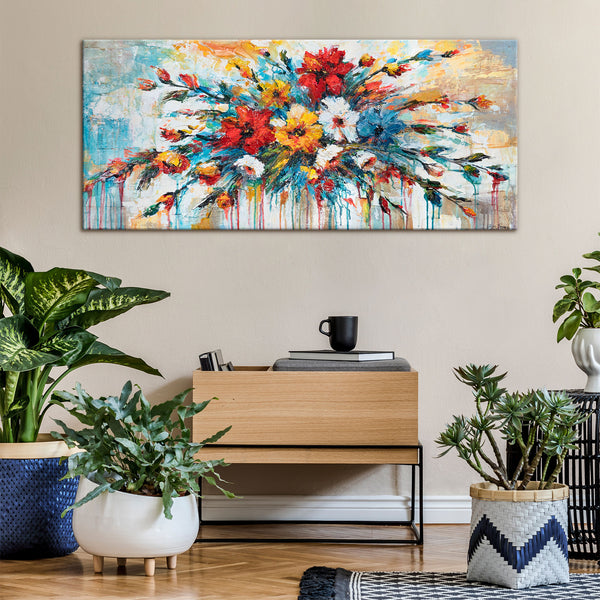 wanddeko wohnzimmer blumen, bunte acrylkunst interieur