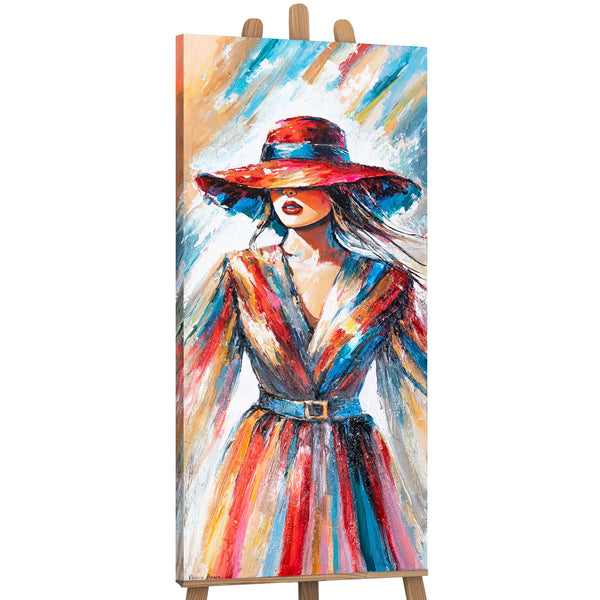 Frau mit rotem Hut auf Staffelei – Acrylgemälde handgemalt