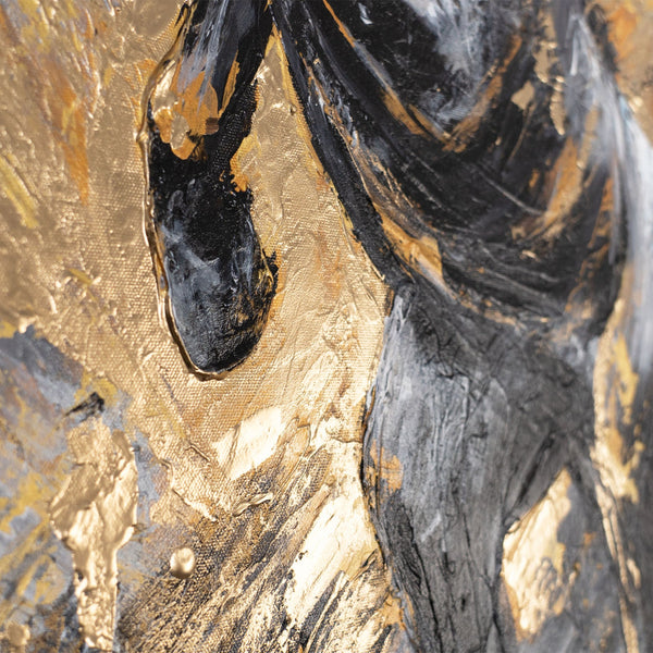 Detailansicht goldener Spritztechnik auf Pferdebilde Leinwand