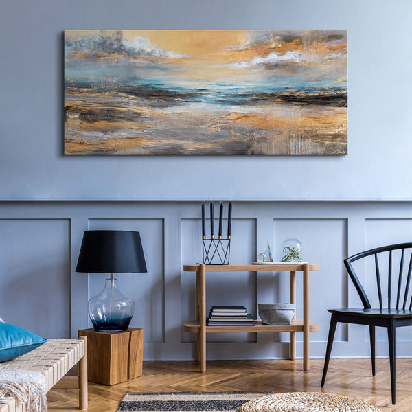 Acrylbild über Kommode – moderne Wanddeko in Gold Beige Blau