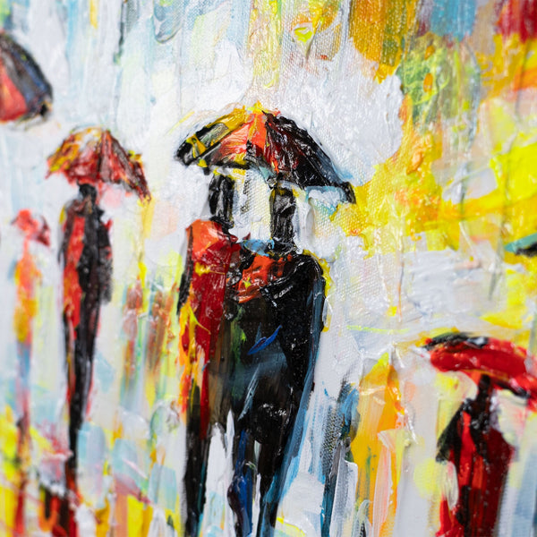 Stadtbild mit Figuren und Regenschirmen – leuchtende Acrylstruktur