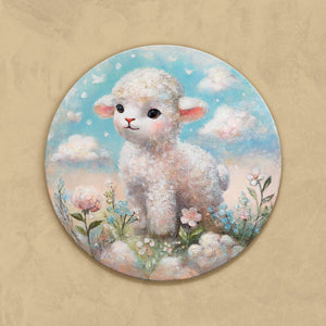 Runde Wandkunst für Kinderzimmer – Leinwandbild mit Lamm "Wolkenwunder" handgemalt