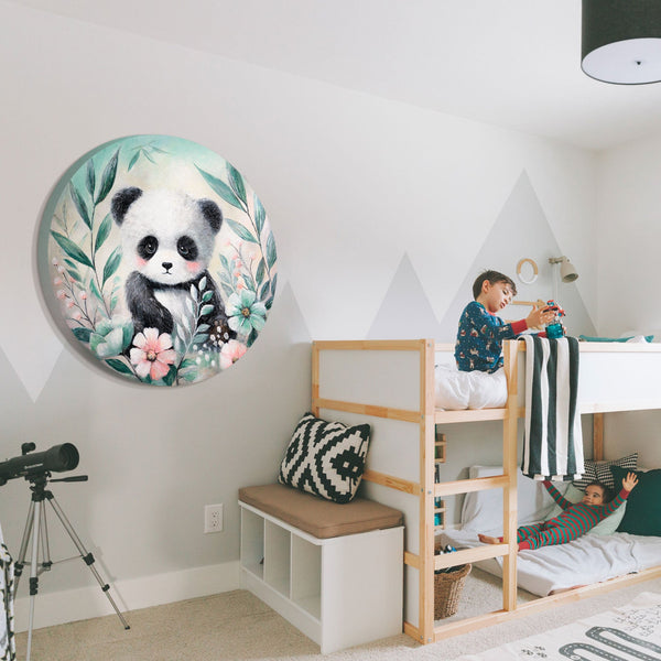 wandbild panda kinderzimmer, runde wanddeko tiere, acrylbild handgemalt, babyzimmer leinwandbild, moderne kinder deko