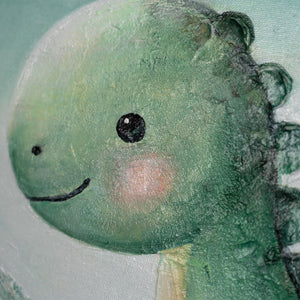 detail dinosaurier gesicht, acrylbilder tiere, kinderzimmer bild, handgemaltes tiermotiv, rund, süßes gemälde