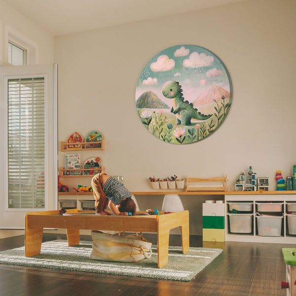 wanddeko kinderzimmer dinosaurier, runde acrylbilder tiere, handgemalt, leinwandbild tiere für kinder