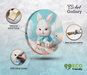 eco wandbilder kinderzimmer, rundes tierbild hase auf leinwand, acrylfarbe, handgemalt, hochwertig