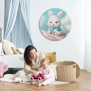 kinder mit wandbild hase, acrylbilder tiere kinderzimmer, runde leinwand deko, tiermotiv handgemalt