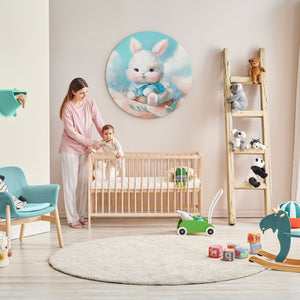 babyzimmer wandbild hase, kinderzimmer deko rund, handgemaltes tierbild auf leinwand, acrylbilder tiere