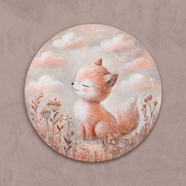 isoliertes acrylbild fuchs rund, wanddeko kinderzimmer tiere, leinwandbild handgemalt, tiermotiv rund