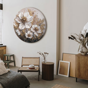 runde wanddeko wohnzimmer, acrylbild floral gold