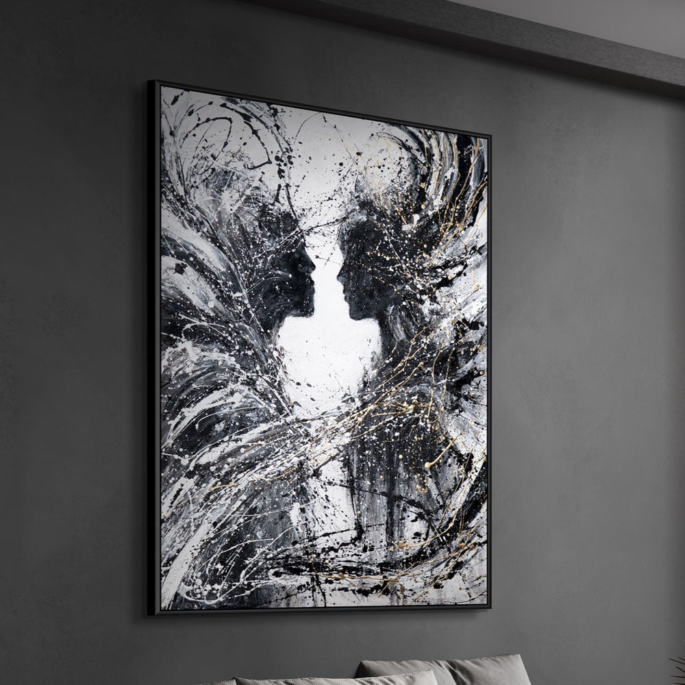 Abstrakte Figur Schwarz Weiß Gold handgemaltes Leinwandbild