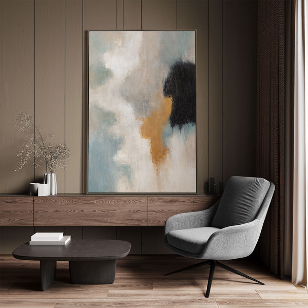 Abstraktes Gemälde beige schwarz gold auf Leinwand