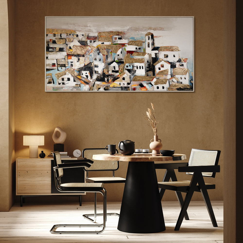Acrylbild Stadt Relief Mediterran Weiß Gold Struktur