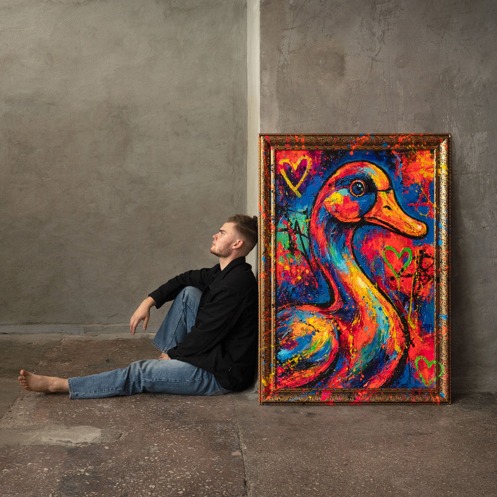 Bunte Ente auf Leinwand handgemaltes Acrylbild im Atelier