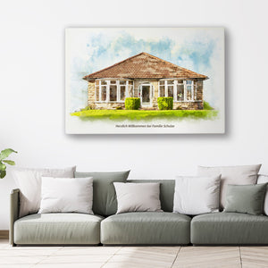 Handgemaltes Hausporträt Aquarellbild auf Leinwand Deko