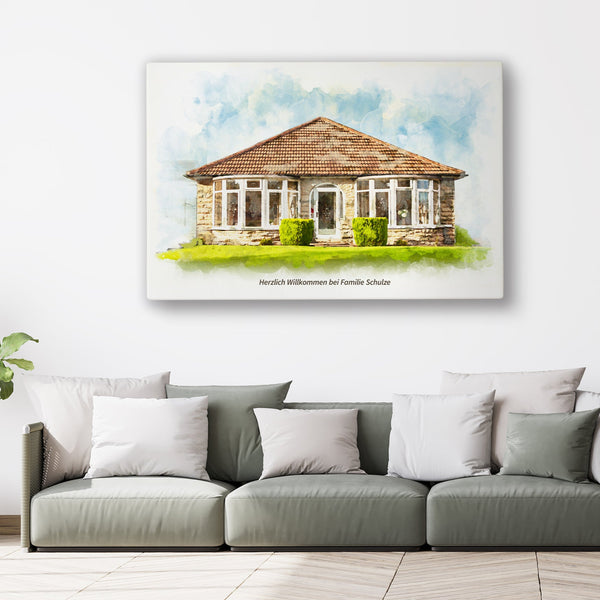 Handgemaltes Hausporträt Aquarellbild auf Leinwand Deko