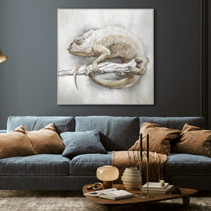 Handgemaltes Leinwandbild Chamäleon Beige Grau Wandkunst